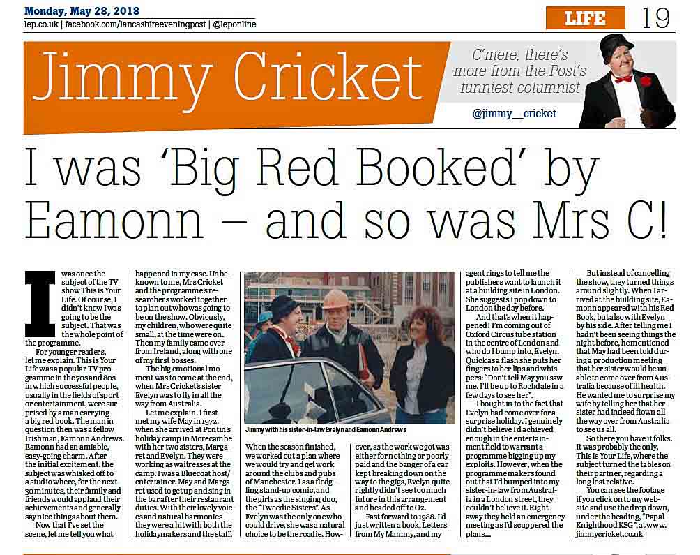 Lancashire Evening News article: Jimmy Cricket This Is Your Life