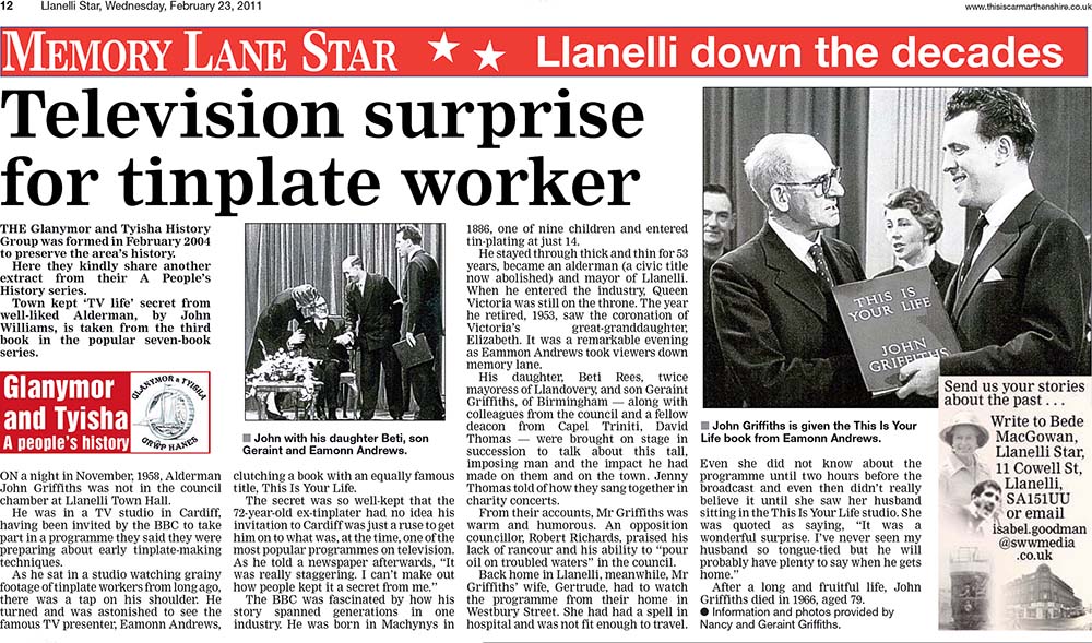 Llanelli Star article: John Griffiths This Is Your Life