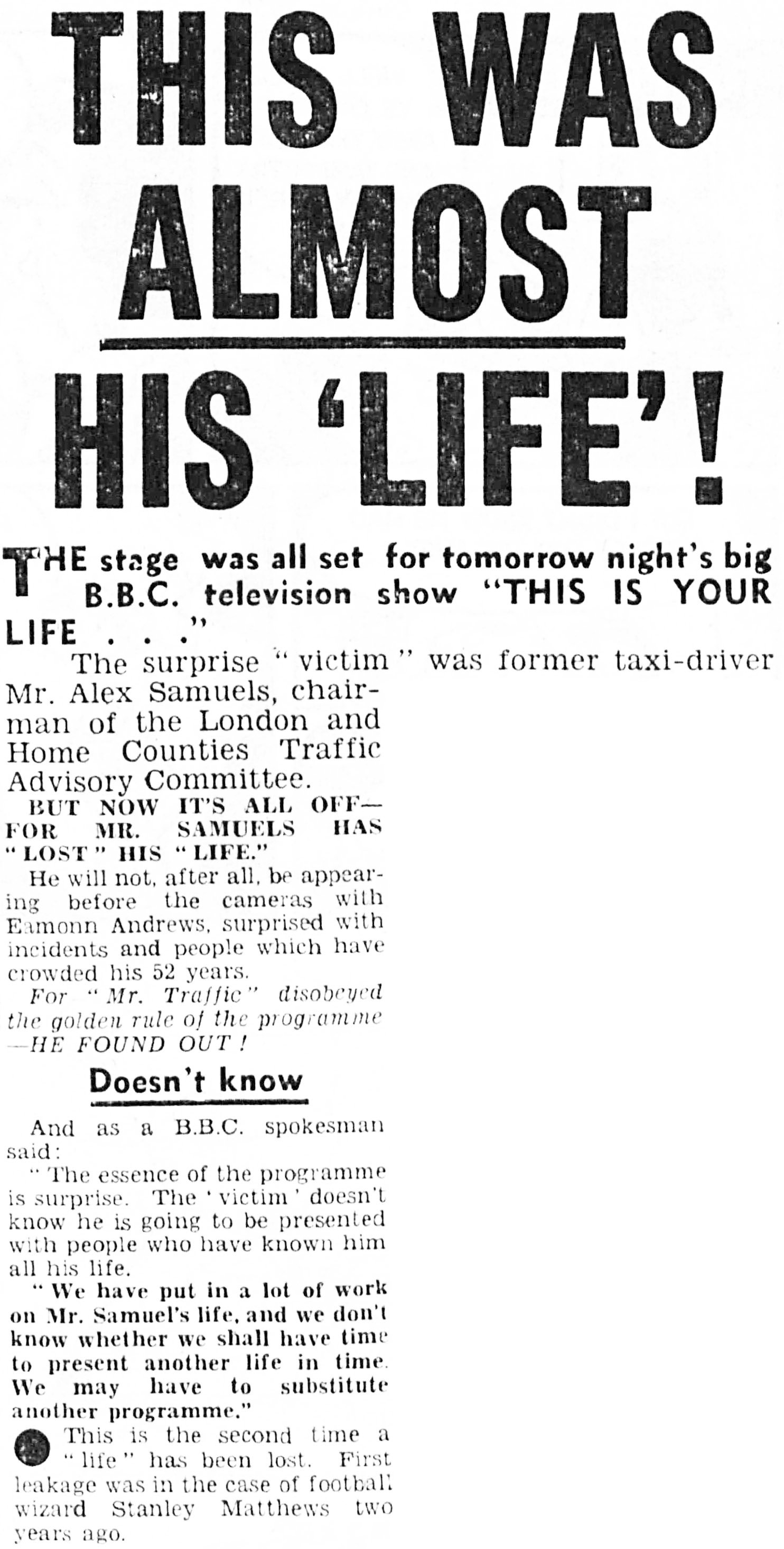Sunday Mail: This Is Your Life article