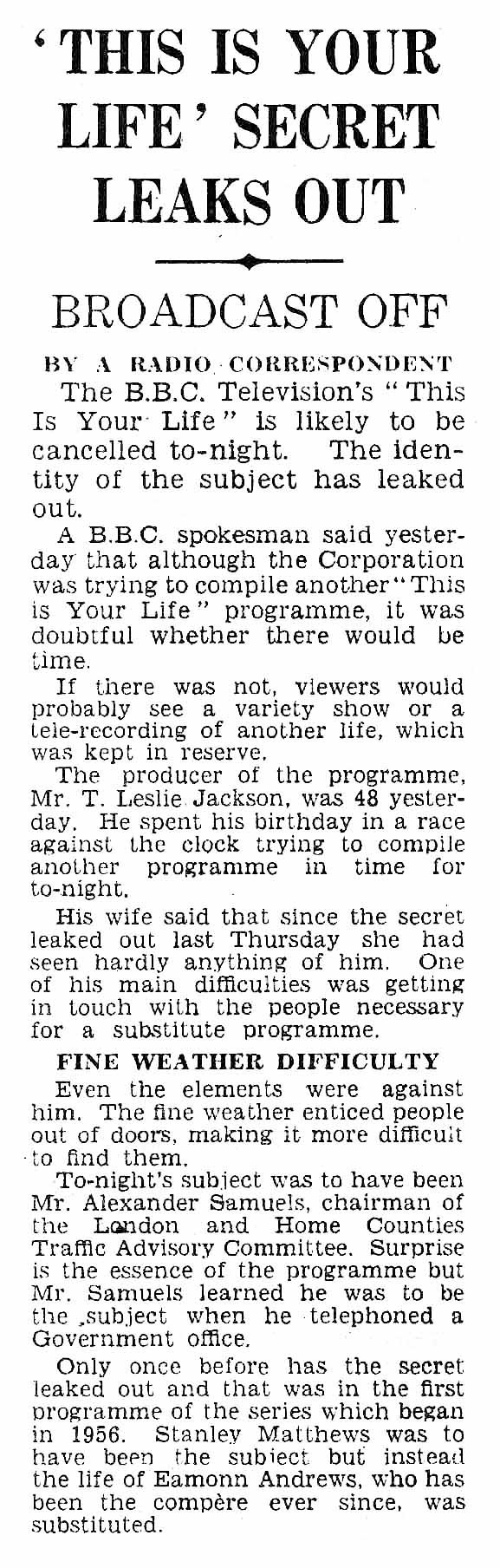 Daily Telegraph article: Humphrey Lyttelton This Is Your Life