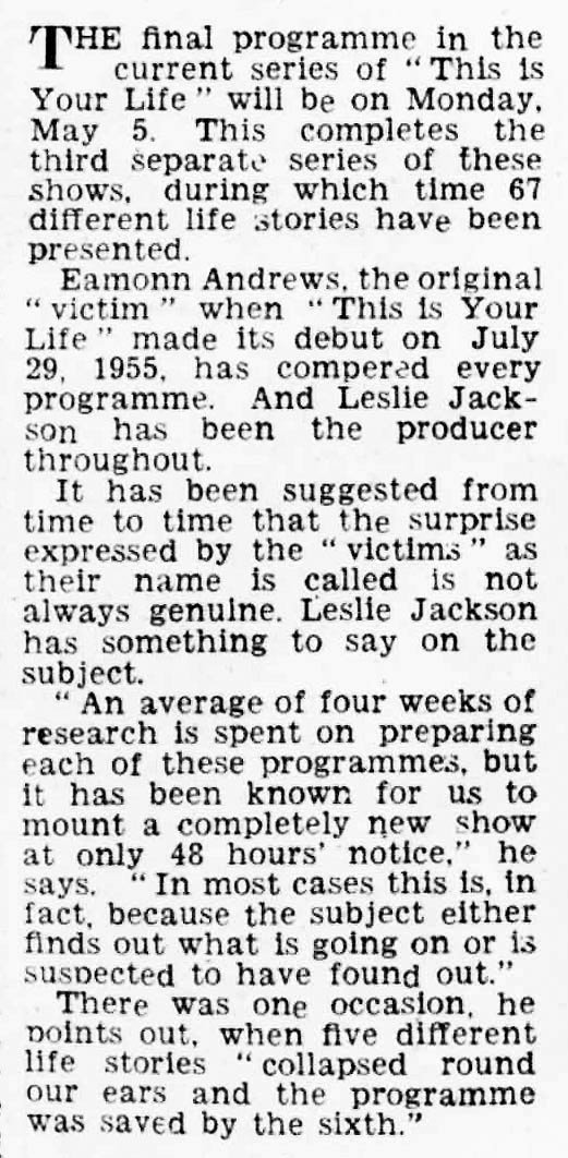 The Northern Whig and Belfast Post: This Is Your Life article
