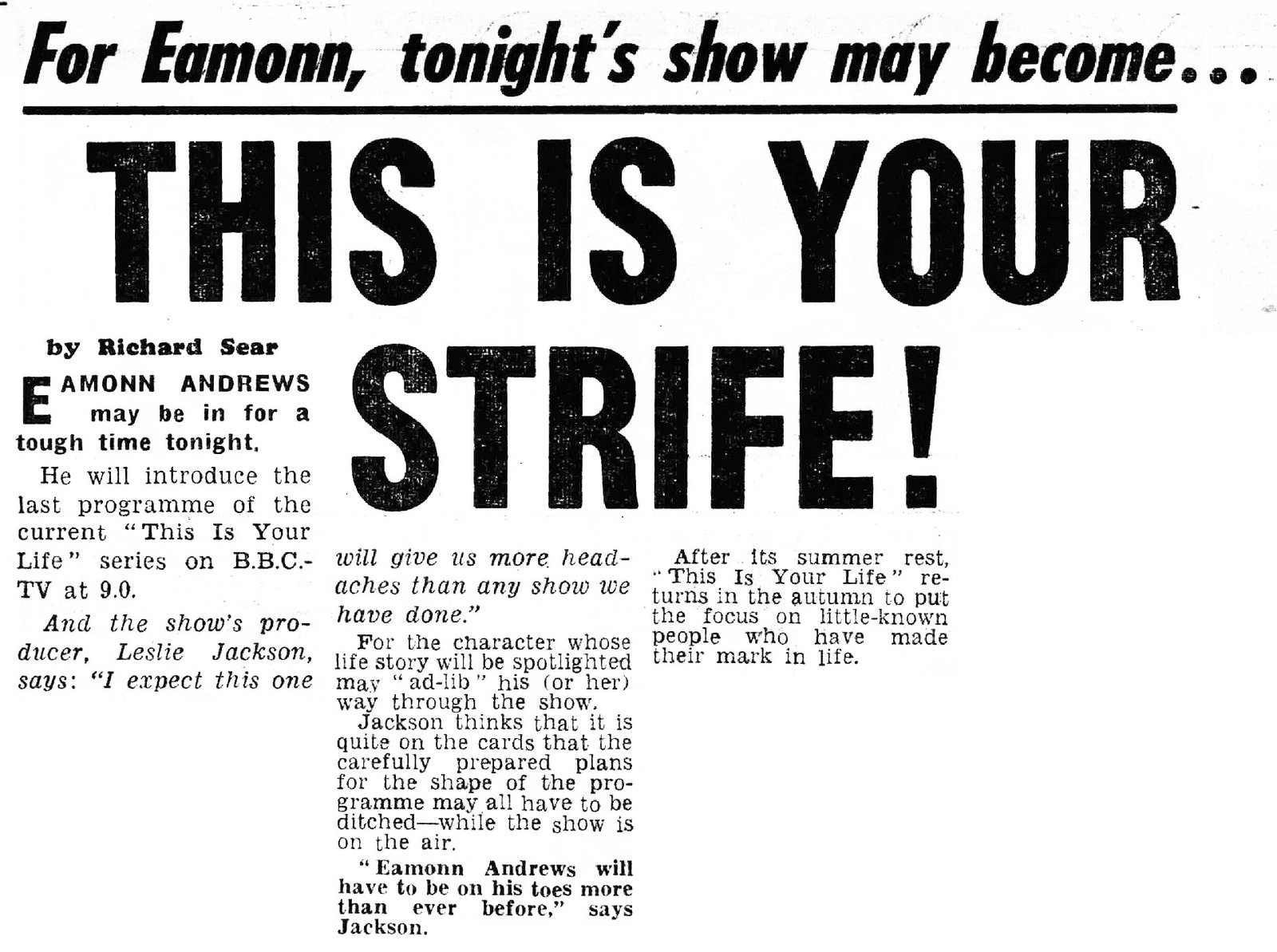 Daily Mirror article: This Is Your Life article