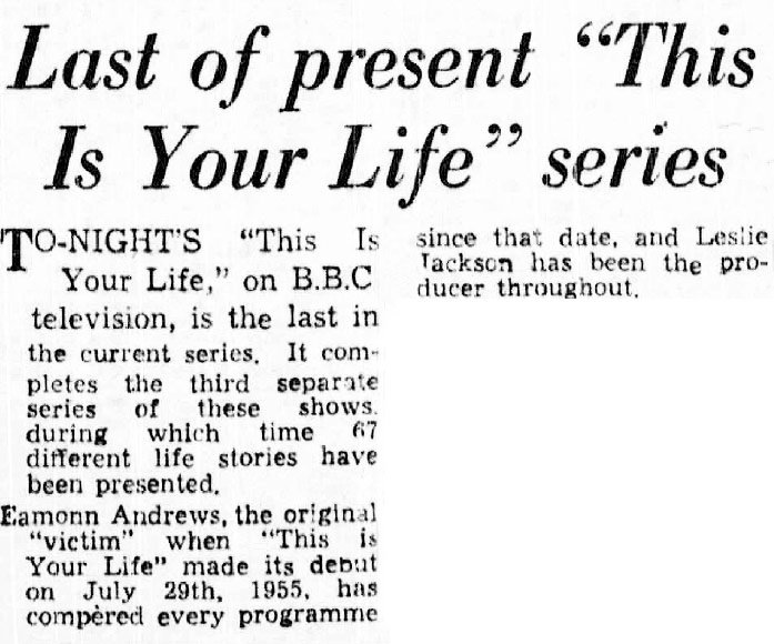 Evening Sentinel article: This Is Your Life article