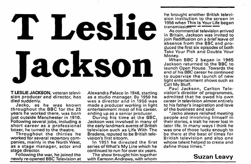 The Stage: Leslie Jackson obituary
