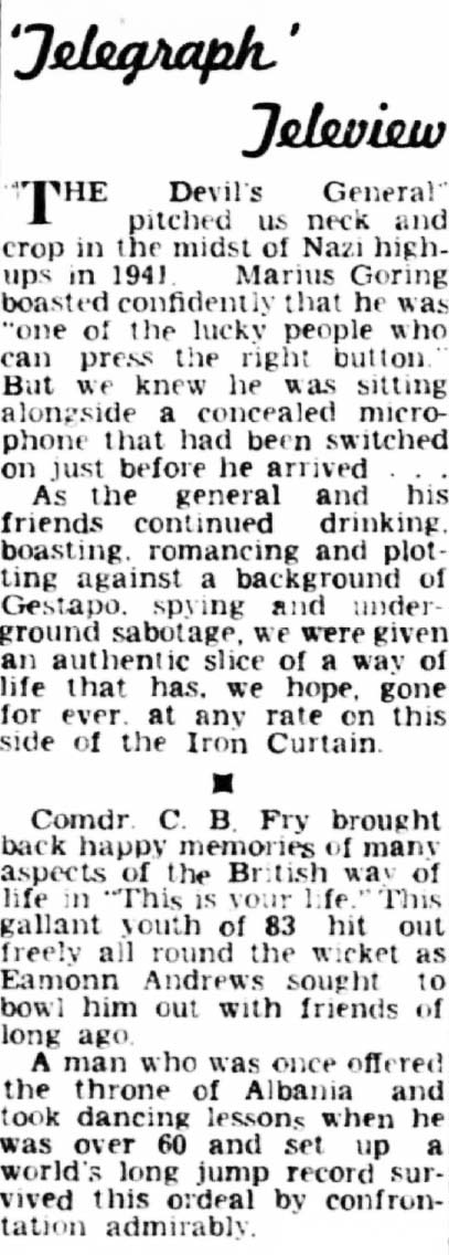 Northamptonshire Evening Telegraph article: C B Fry This Is Your Life