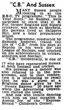 Sussex Express and County Herald article: C B Fry This Is Your Life