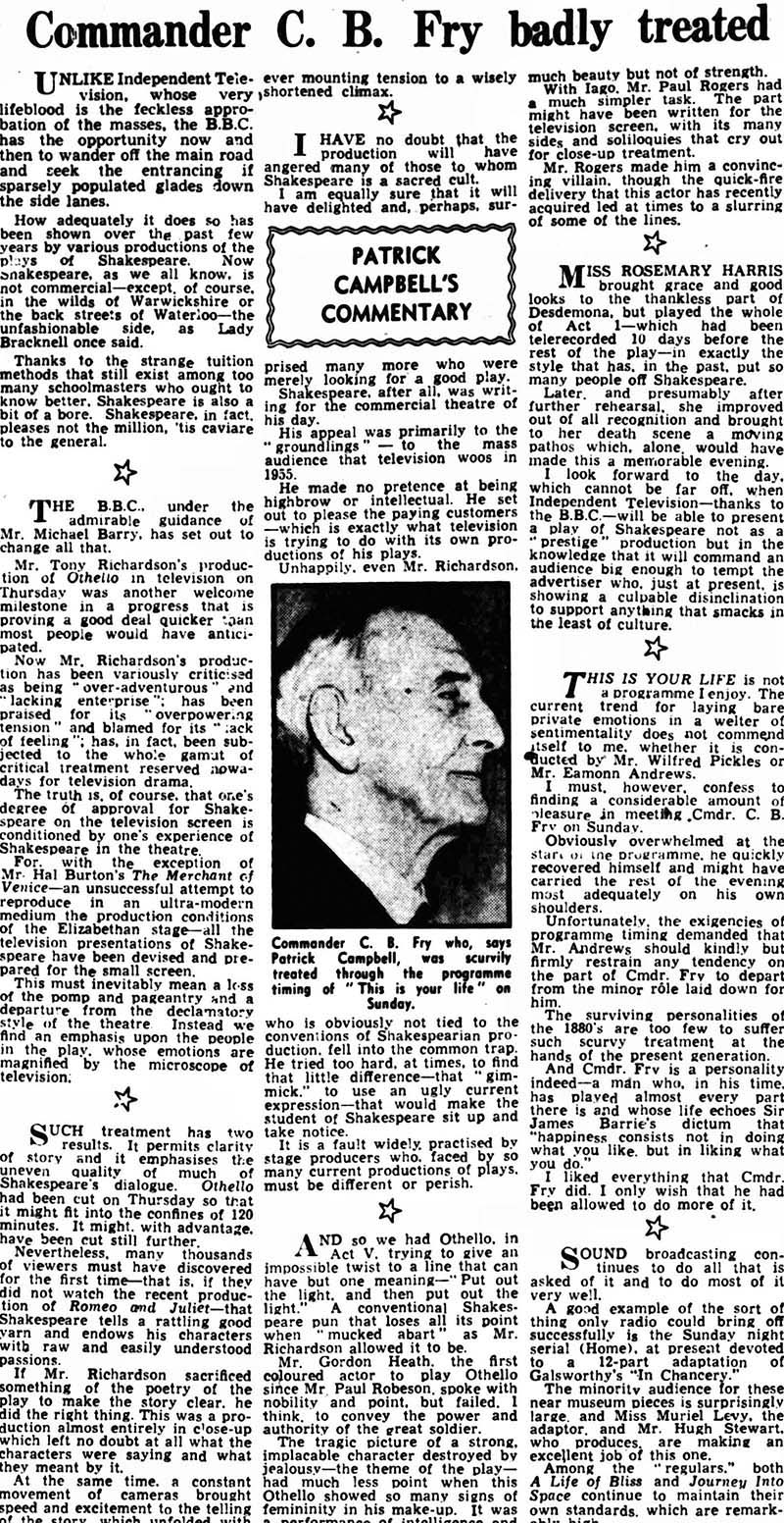 The Yorkshire Observer article: C B Fry This Is Your Life