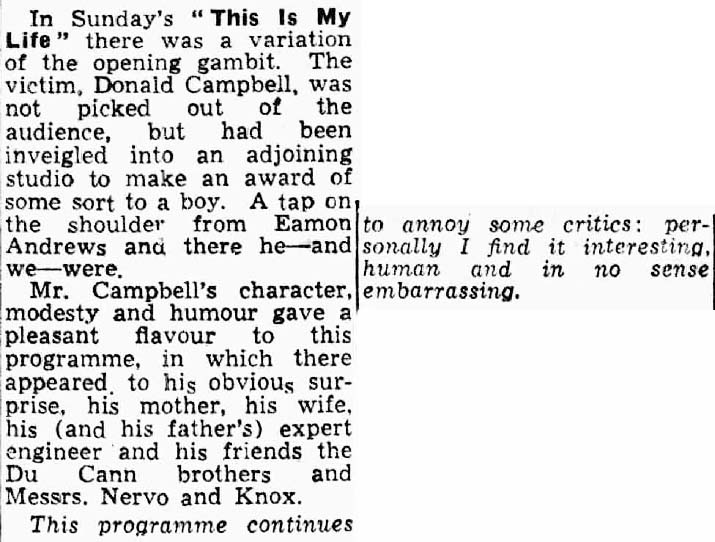 Evening Sentinel article: Donald Campbell This Is Your Life