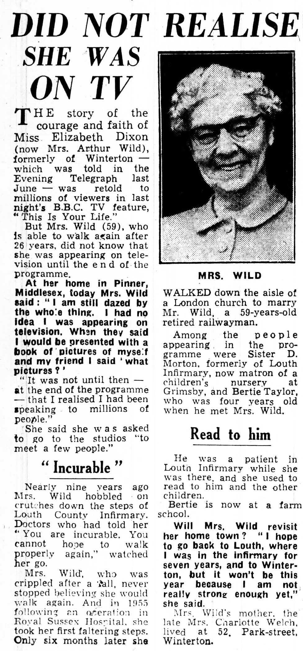Grimsby Evening Telegraph article: Elizabeth Wilde This Is Your Life
