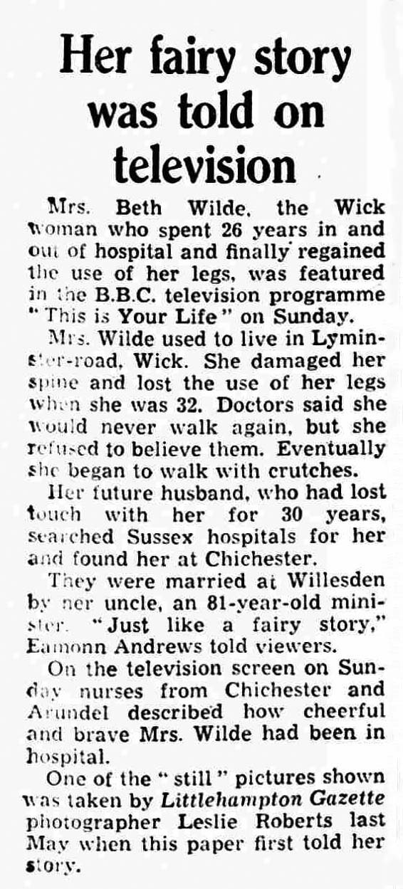Littlehampton Gazette article: Elizabeth Wilde This Is Your Life