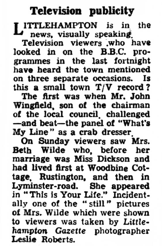 Littlehampton Gazette article: Elizabeth Wilde This Is Your Life