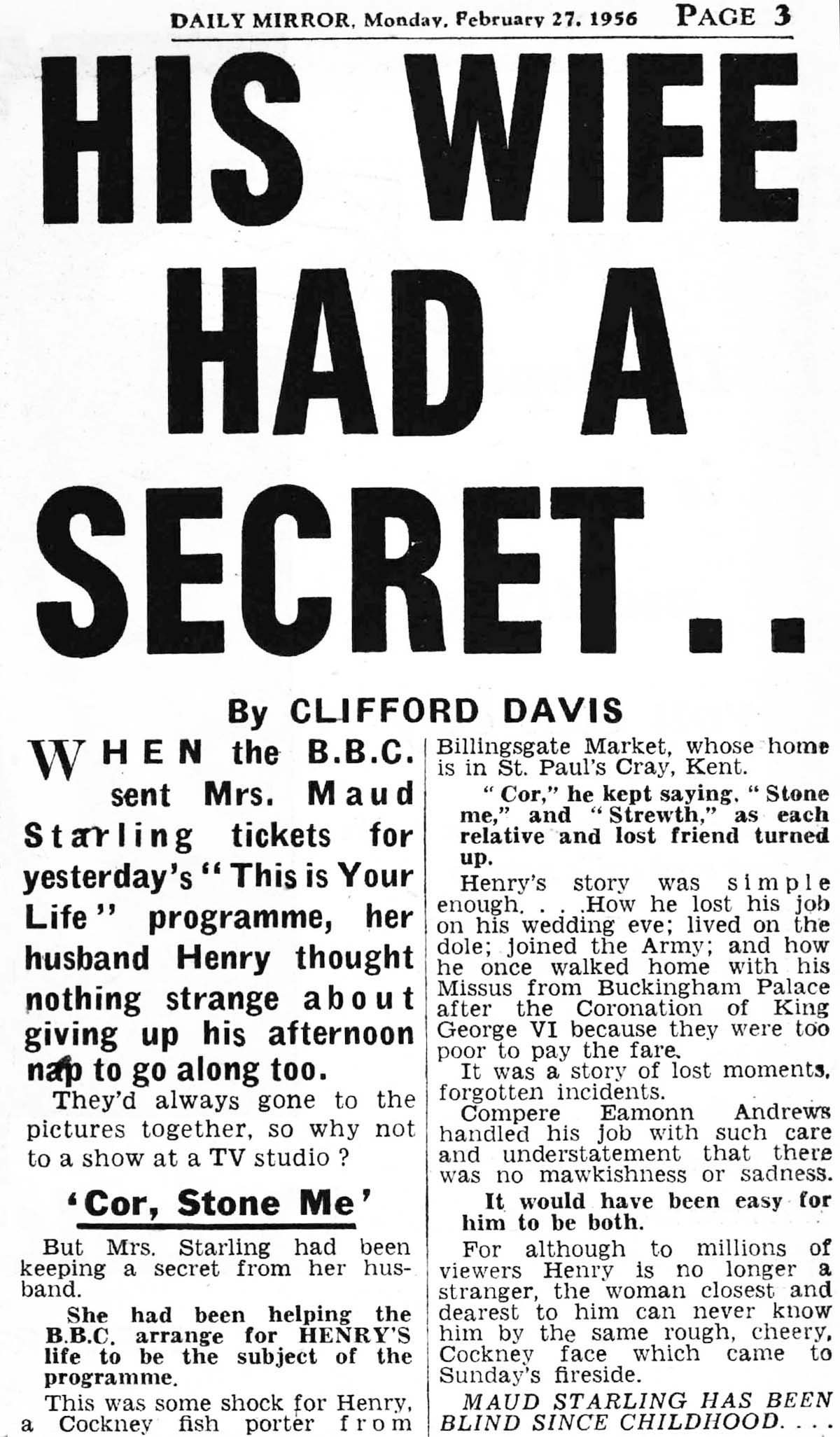 Daily Mirror article: Henry Starling This Is Your Life