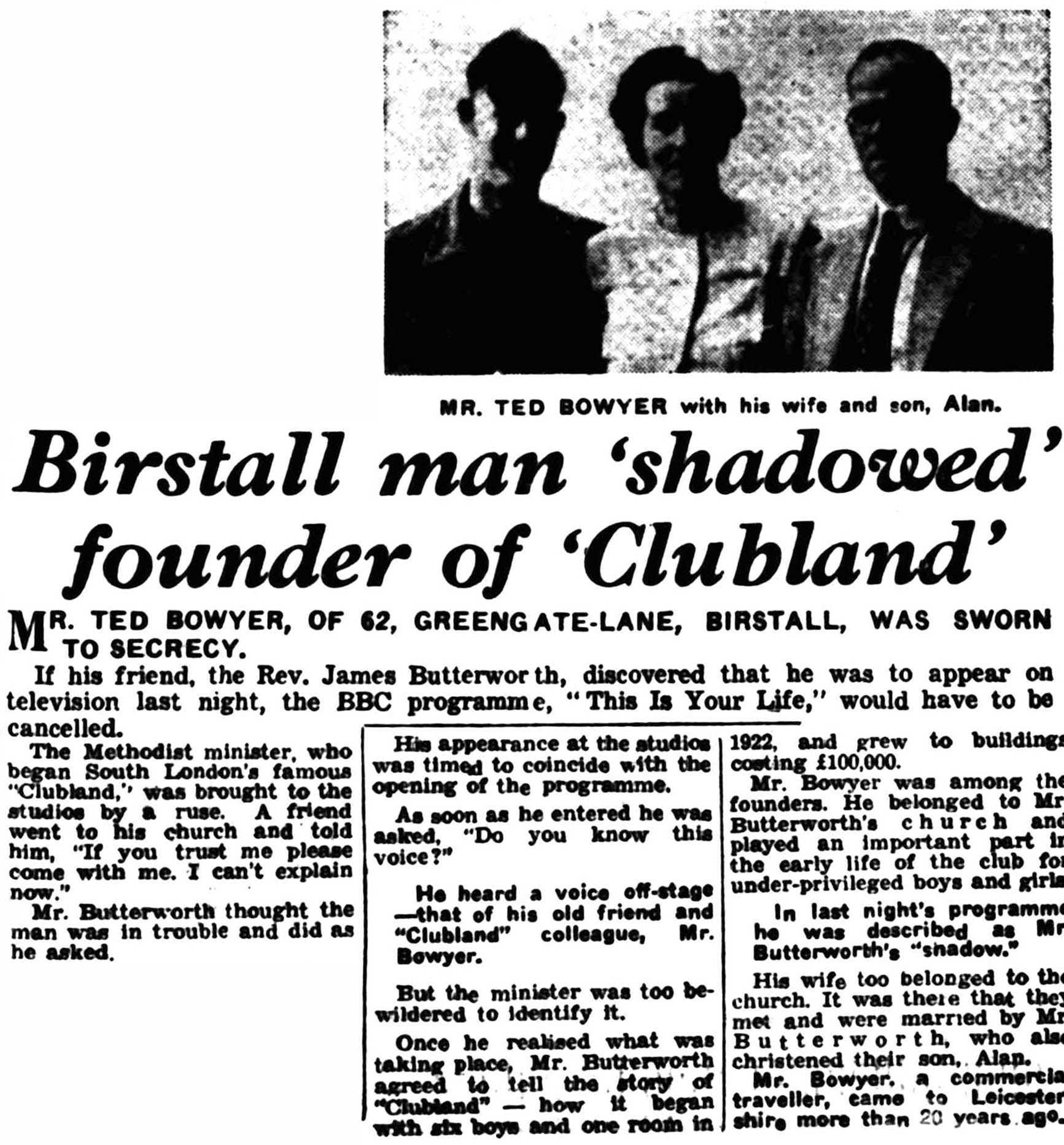 Leicester Evening Mail article: James Butterworth This Is Your Life
