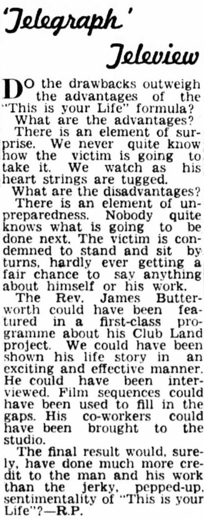 Evening Telegraph article: James Butterworth This Is Your Life
