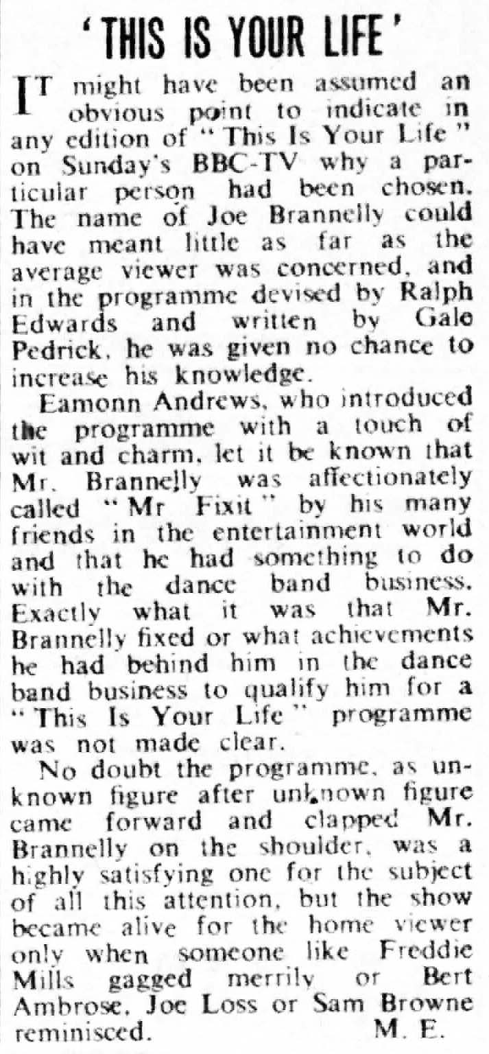 Evening Telegraph article: Joe Brannelly This Is Your Life