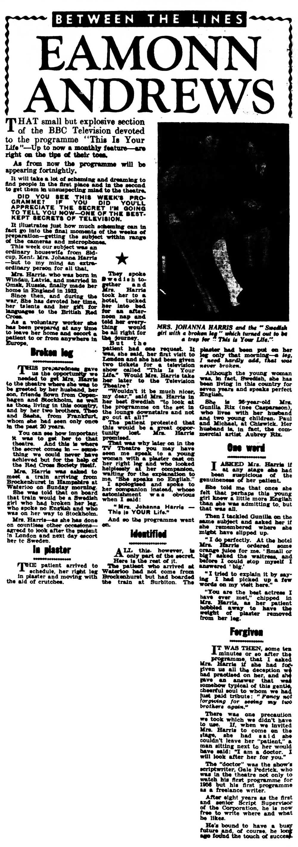 Leicester Evening Mail article: Johanna Harris This Is Your Life