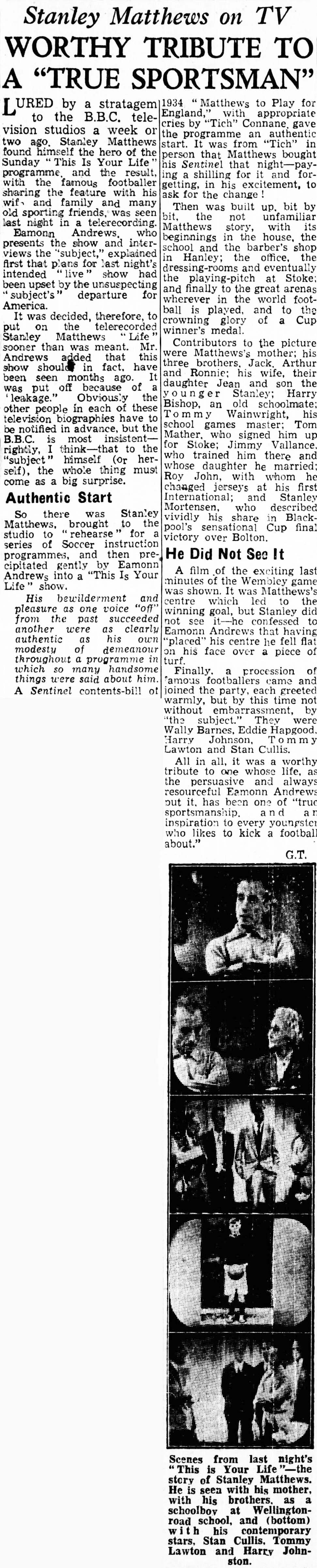 Staffordshire Evening Sentinel article: Stanley Matthews This Is Your Life