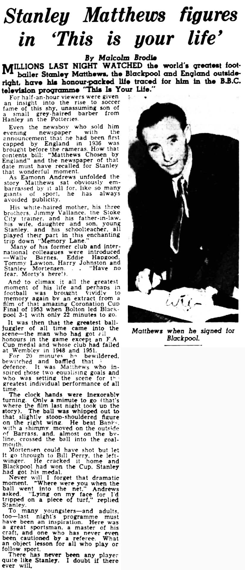 Belfast Telegraph article: Stanley Matthews This Is Your Life