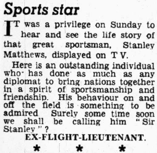 Bristol Evening News article: Stanley Matthews This Is Your Life