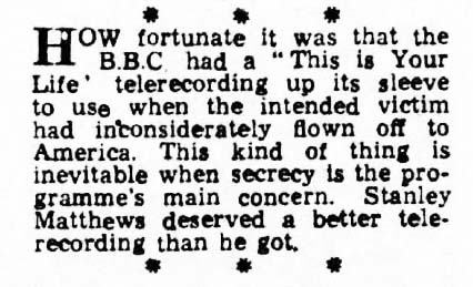 Nottingham Evening News article: Stanley Matthews This Is Your Life