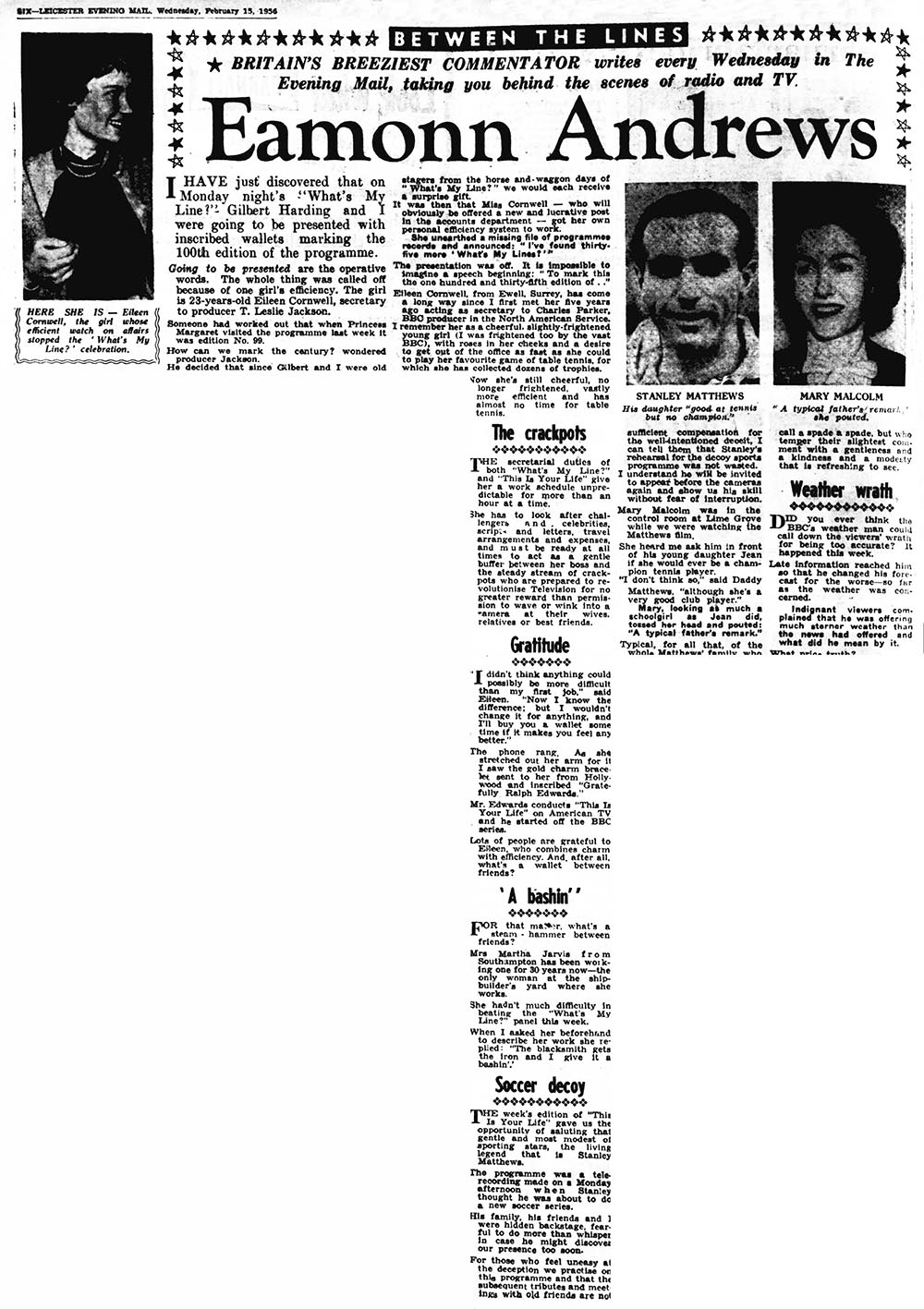 Leicester Evening Mail article: Stanley Matthews This Is Your Life