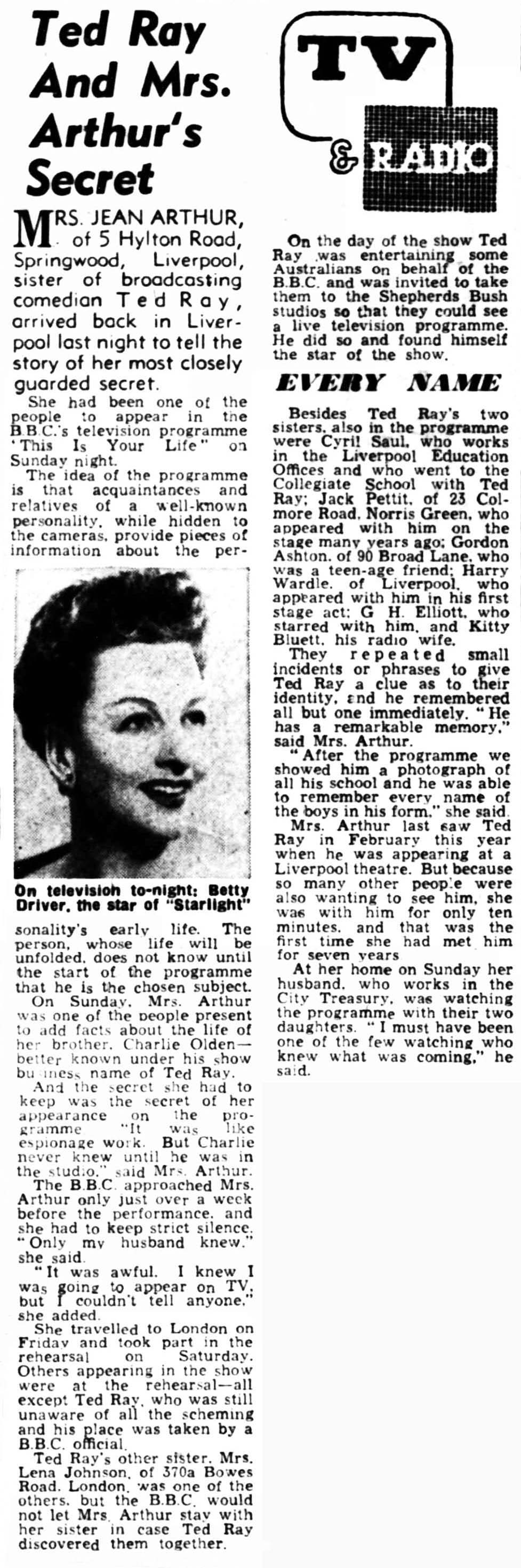 The Liverpool Echo article: Ted Ray This Is Your Life