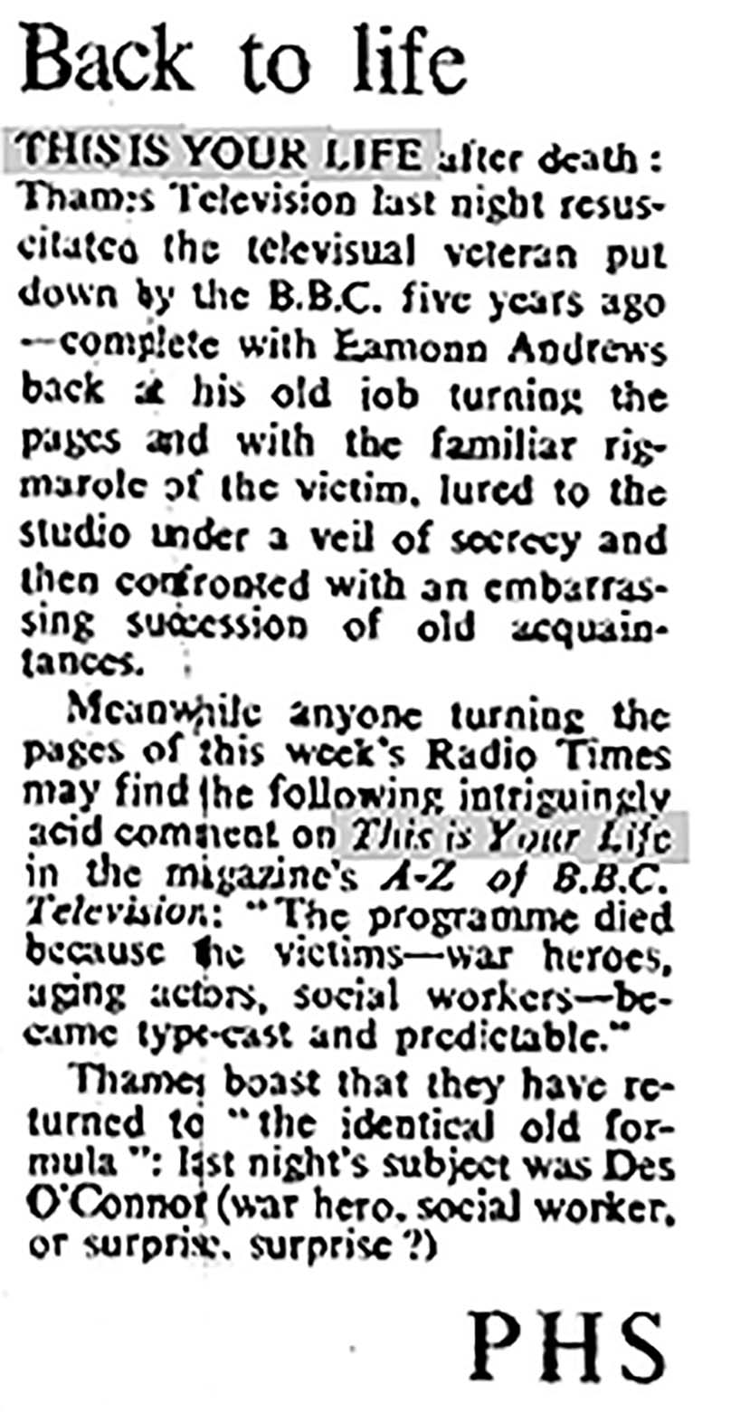 The Times article: Des O'Connor This Is Your Life