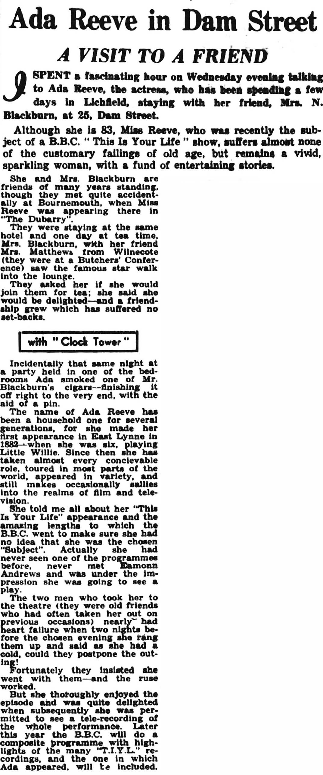 Lichfield Mercury article: Ada Reeve This Is Your Life