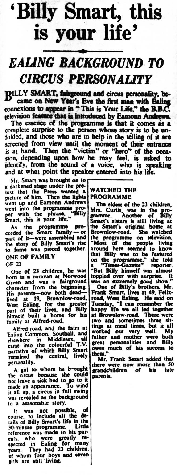 Middlesex County Times and West Middlesex Gazette article: Billy Smart This Is Your Life