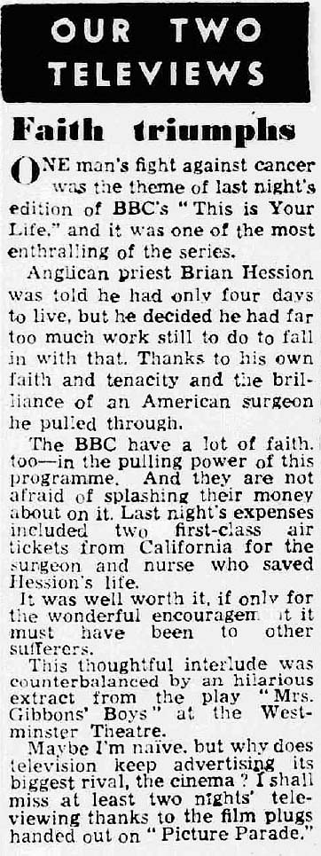 Manchester Evening News article: Brian Hession This Is Your Life