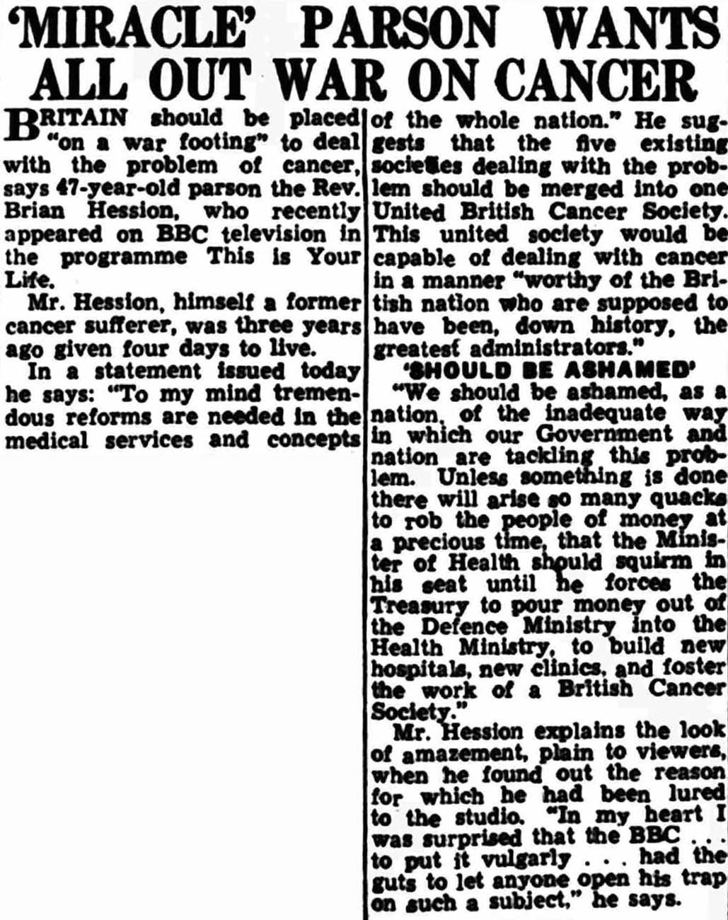 Evening News article: Brian Hession This Is Your Life