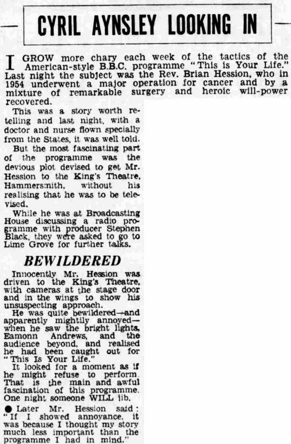 Daily Express article: Brian Hession This Is Your Life