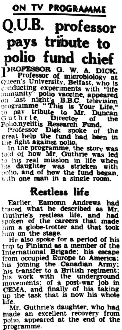 The Northern Whig and Belfast Post article: Duncan Guthrie This Is Your Life