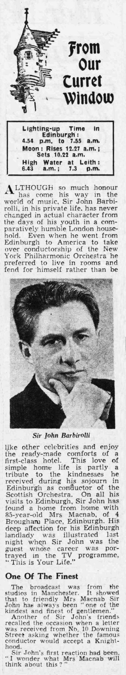 Edinburgh Evening News article: John Barbirolli This Is Your Life