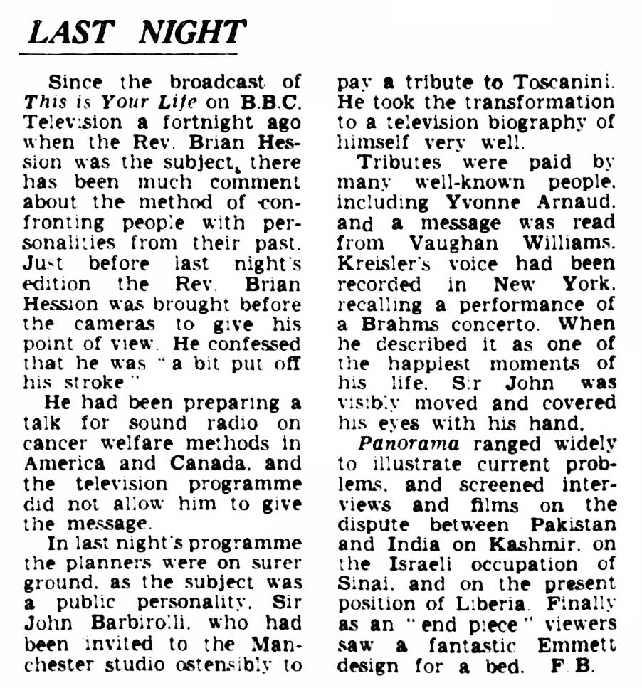 The Birmingham Post and Gazette article: John Barbirolli This Is Your Life