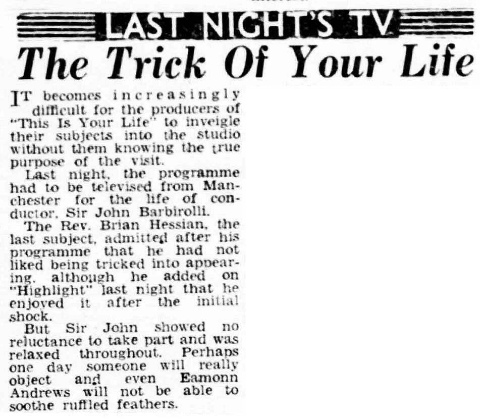 Sunderland Echo article: John Barbirolli This Is Your Life