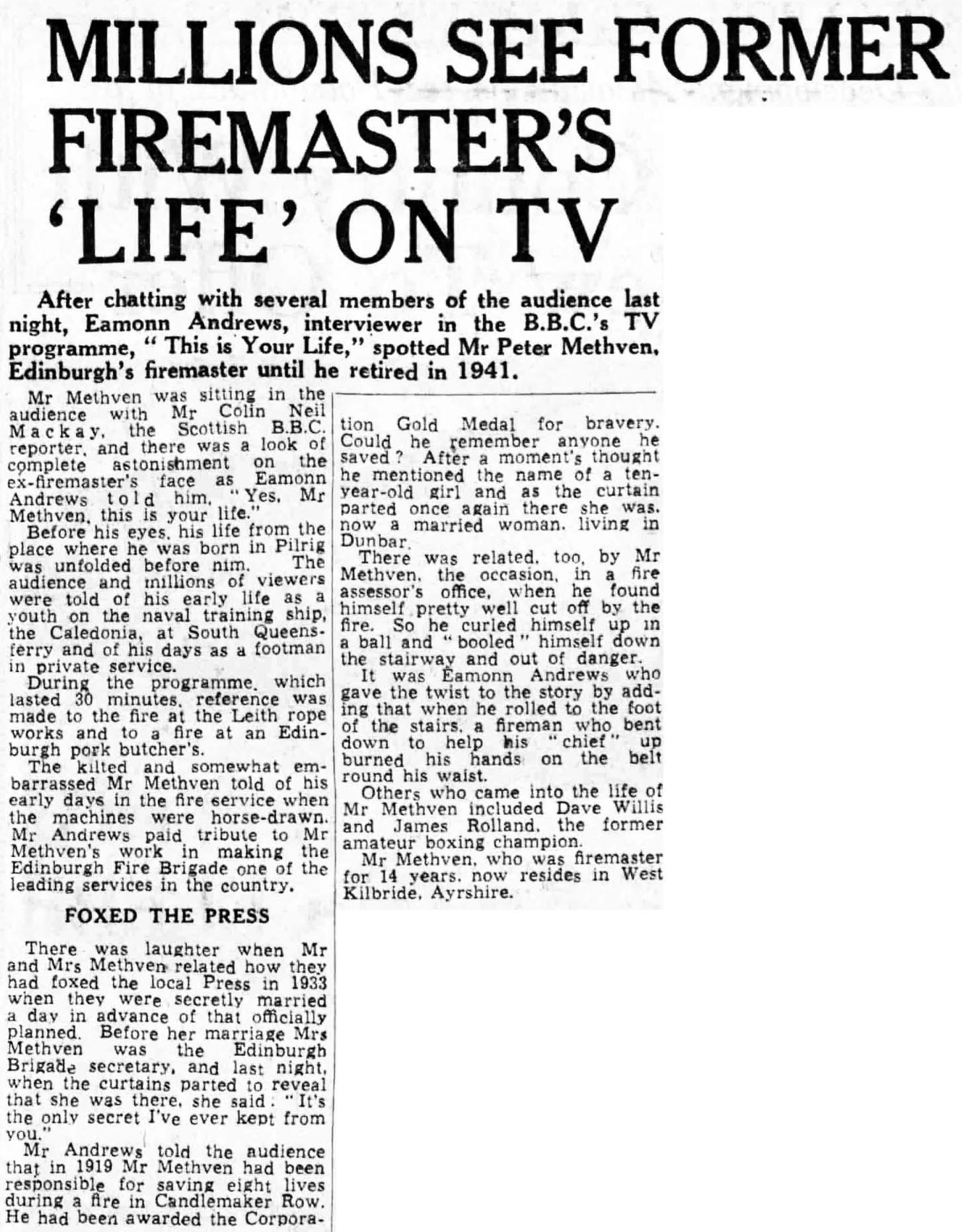 Edinburgh Evening News article: Peter Methven This Is Your Life