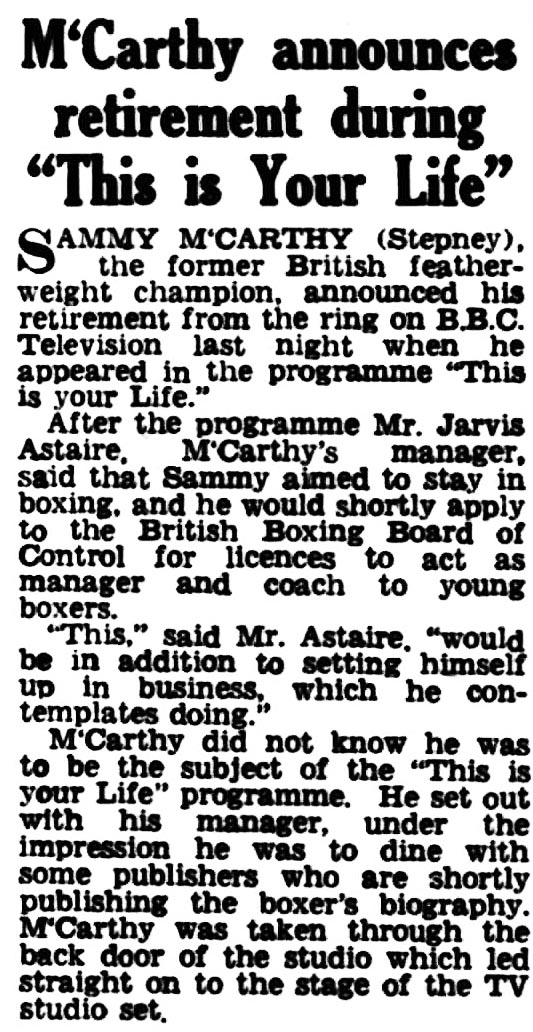 The Northern Whig and Belfast Post article: Sammy McCarthy This Is Your Life