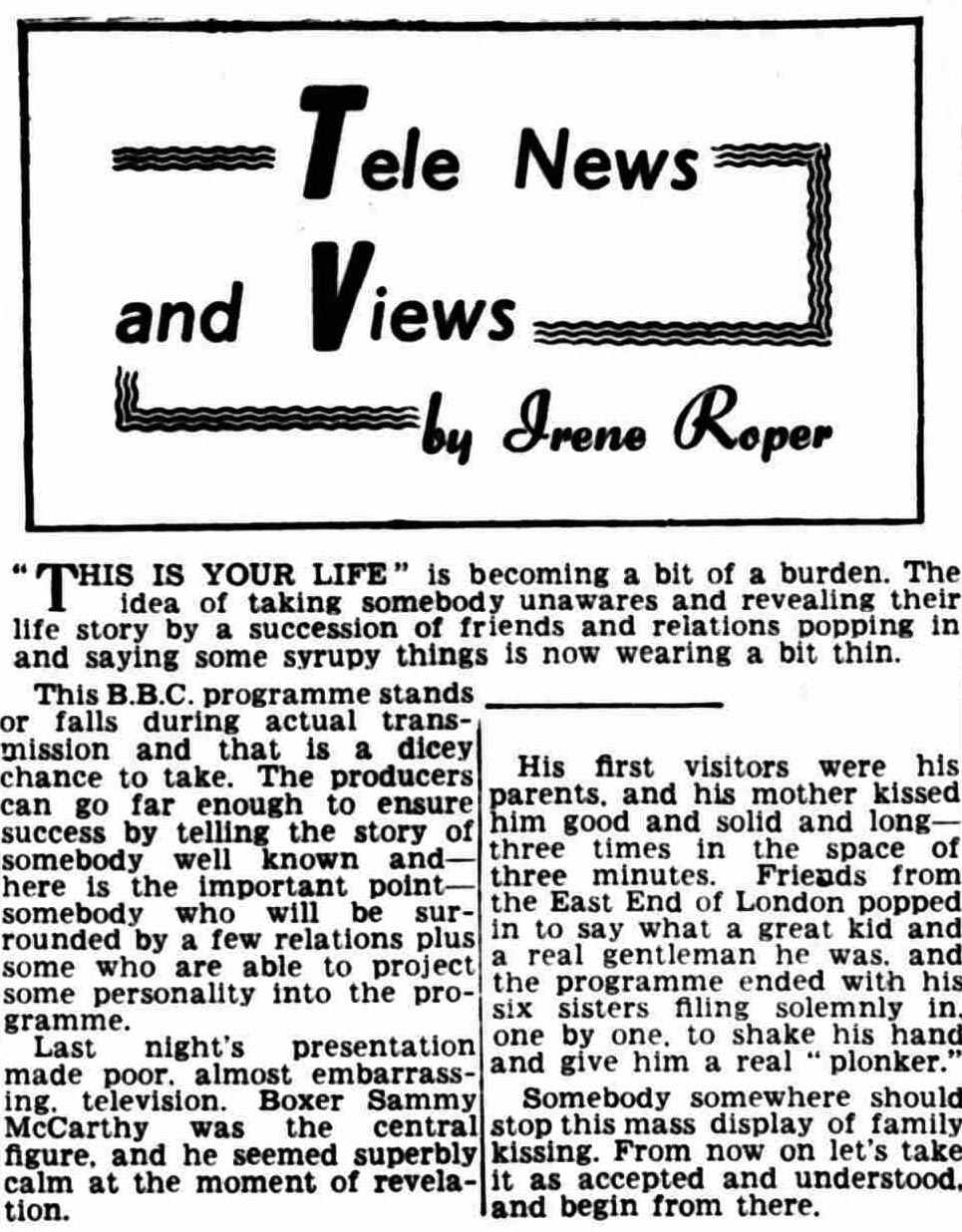 Halifax Daily Courier and Guardian article: Sammy McCarthy This Is Your Life