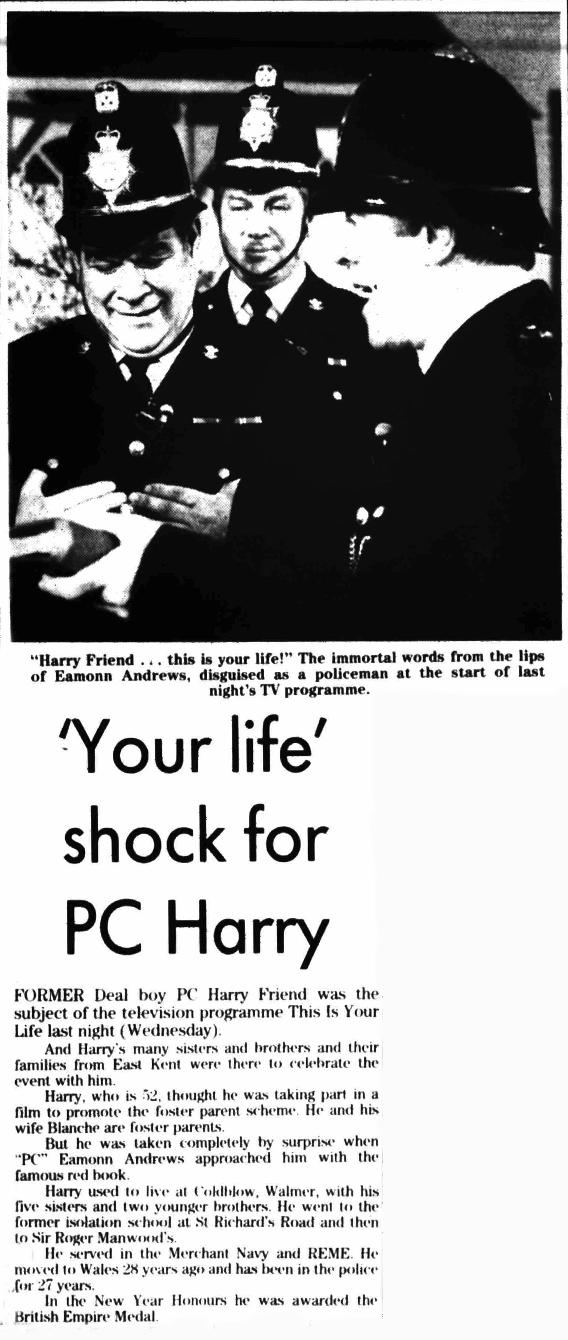 East Kent Mercury article - unknown source: Harry Friend This Is Your Life