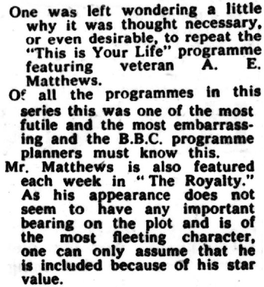 Evening News article: A E Matthews This Is Your Life