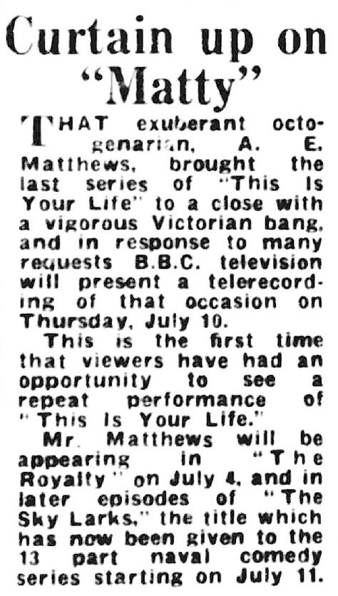 Northern Daily Mail article: A E Matthews This Is Your Life