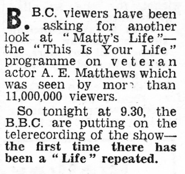 Daily Mirror article: A E Matthews This Is Your Life