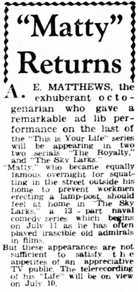 Sunderland Echo article: A E Matthews This Is Your Life