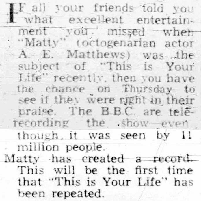 Leicester Mercury article: A E Matthews This Is Your Life