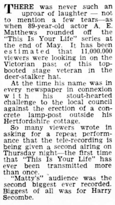 The Northern Whig and Belfast Post article: A E Matthews This Is Your Life