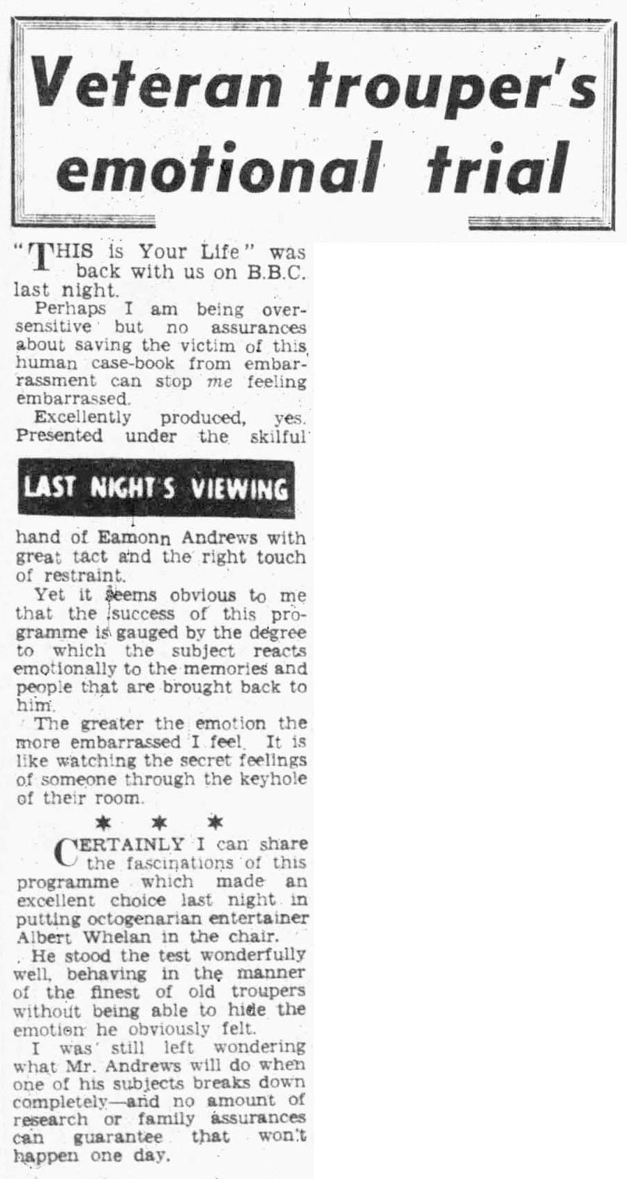 The Birmingham Mail article: Albert Whelan This Is Your Life