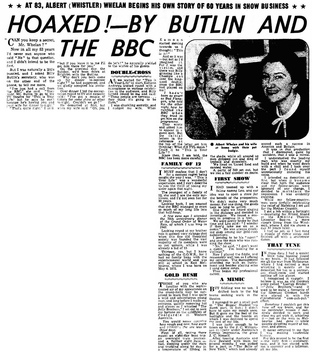 Manchester Evening News article: Albert Whelan This Is Your Life