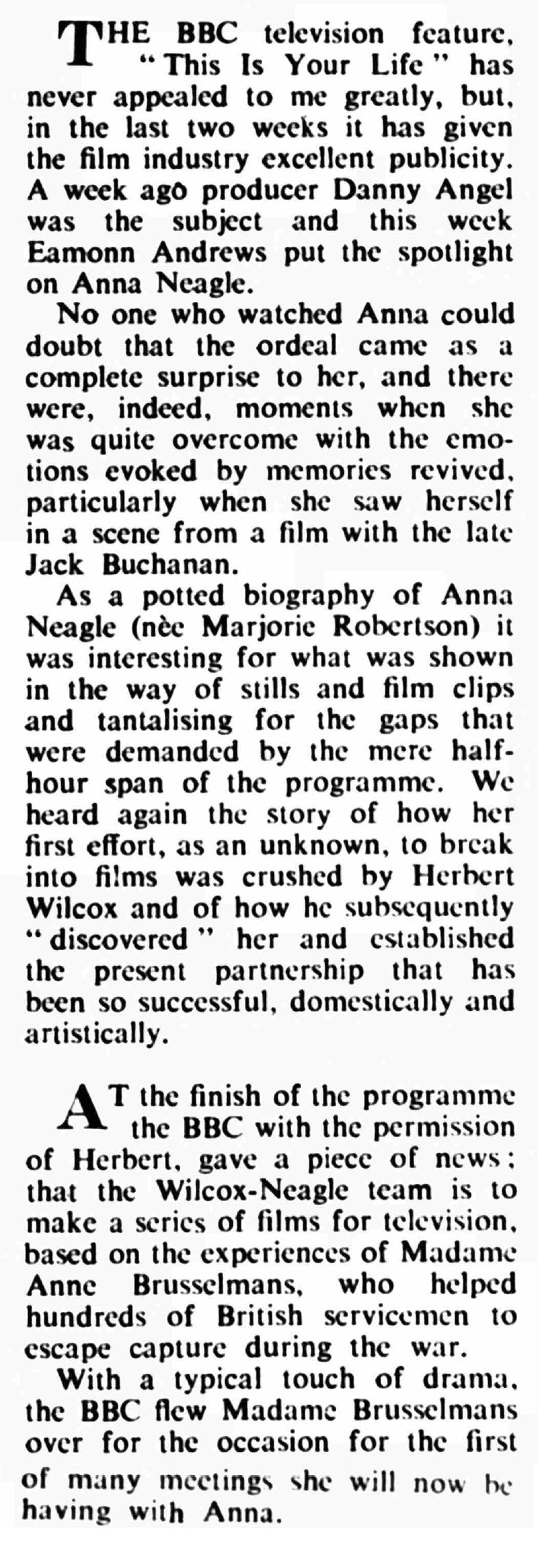 Cinematograph Weekly article: Anna Neagle This Is Your Life