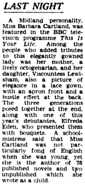 The Birmingham Post and Gazette article: Barbara Cartland This Is Your Life